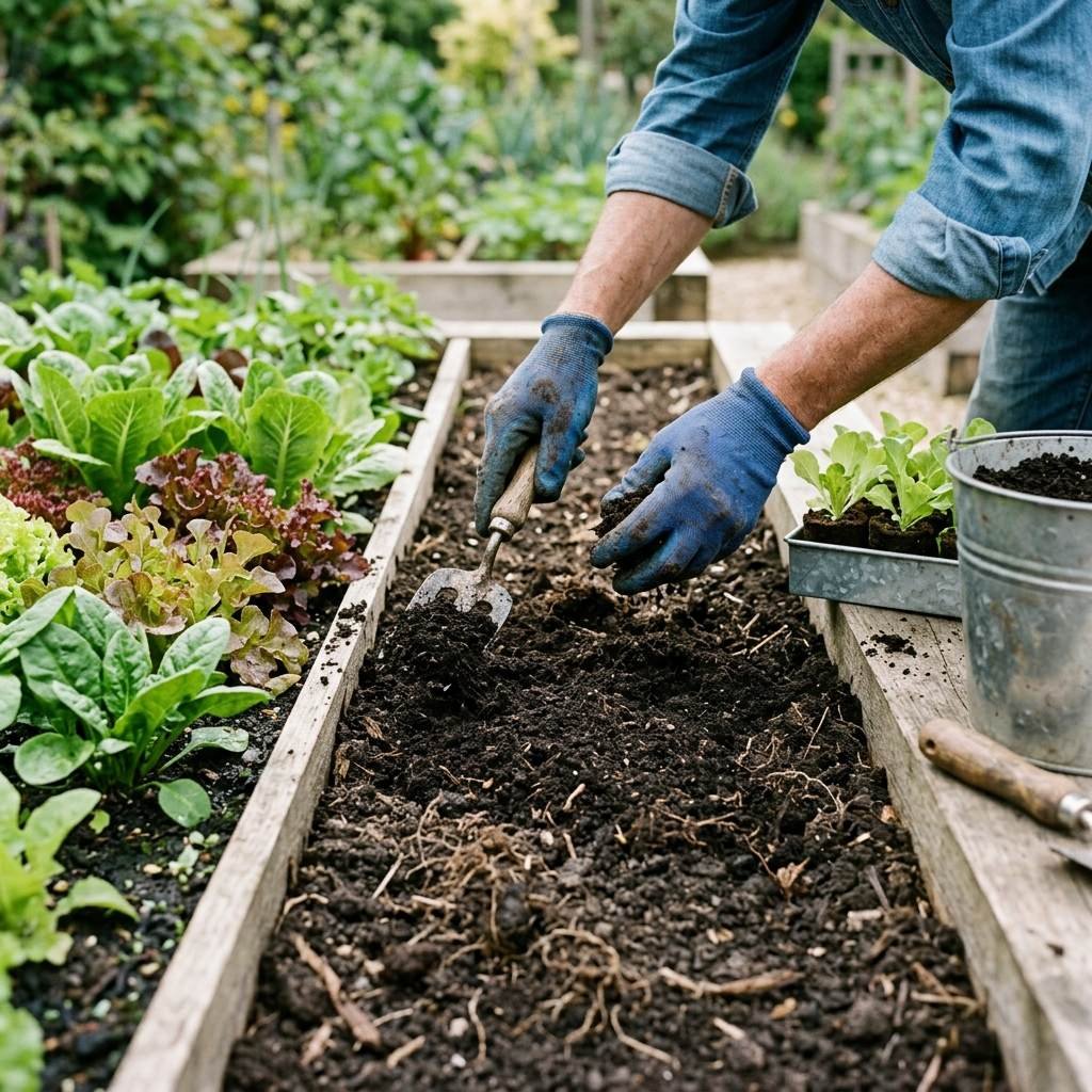 A gardener spreading compost to feed a densely planted vegetable bed