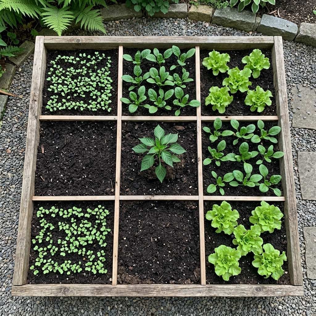 A raised bed divided into a square-foot planting grid