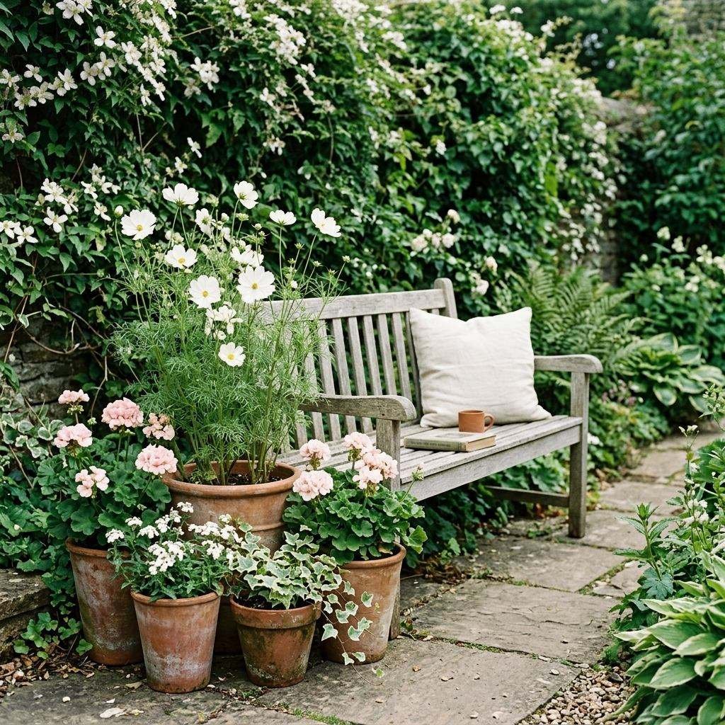 A backyard corner styled around a consistent, limited color palette
