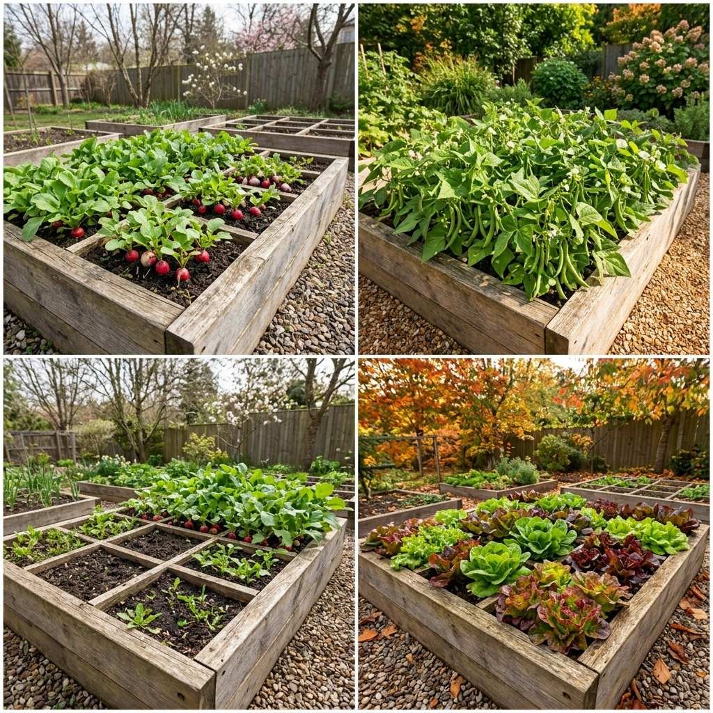 Three panels showing the same squares replanted through successive growing cycles