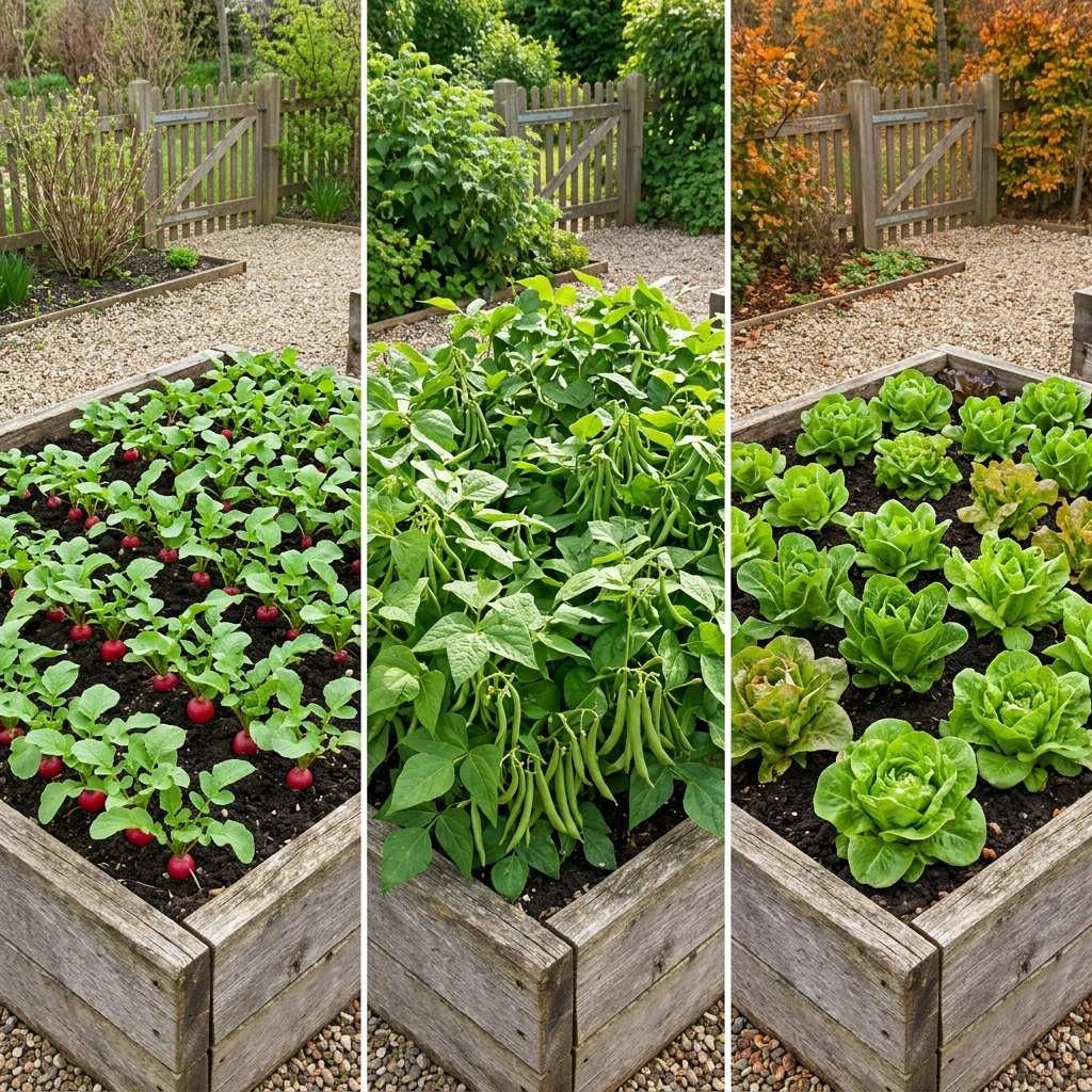 Three panels showing the same garden bed replanted across the growing season