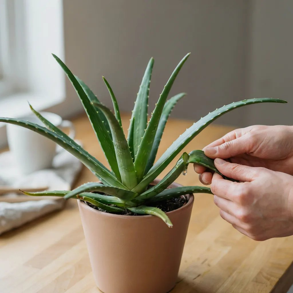 An aloe vera plant in a pot with a leaf being gently snapped