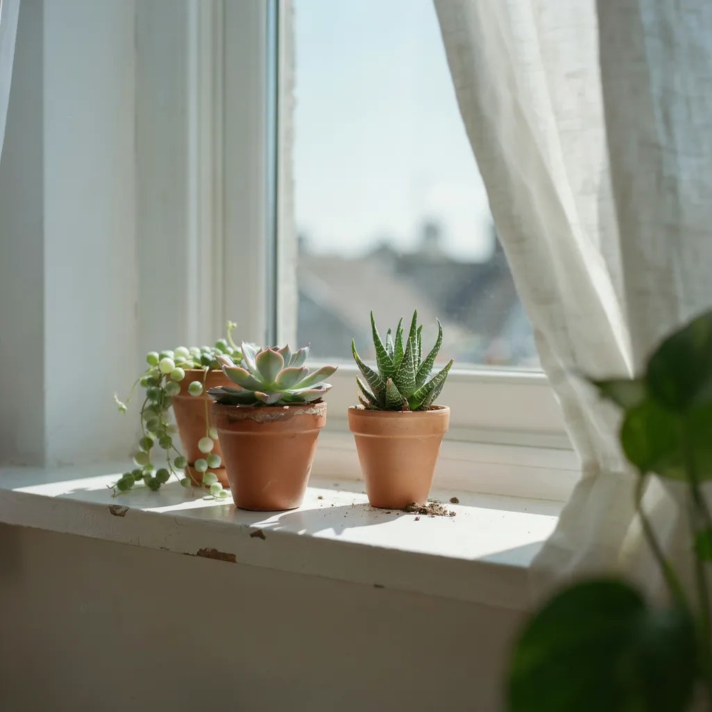 A small collection of two or three beginner succulents matched to a bright windowsill