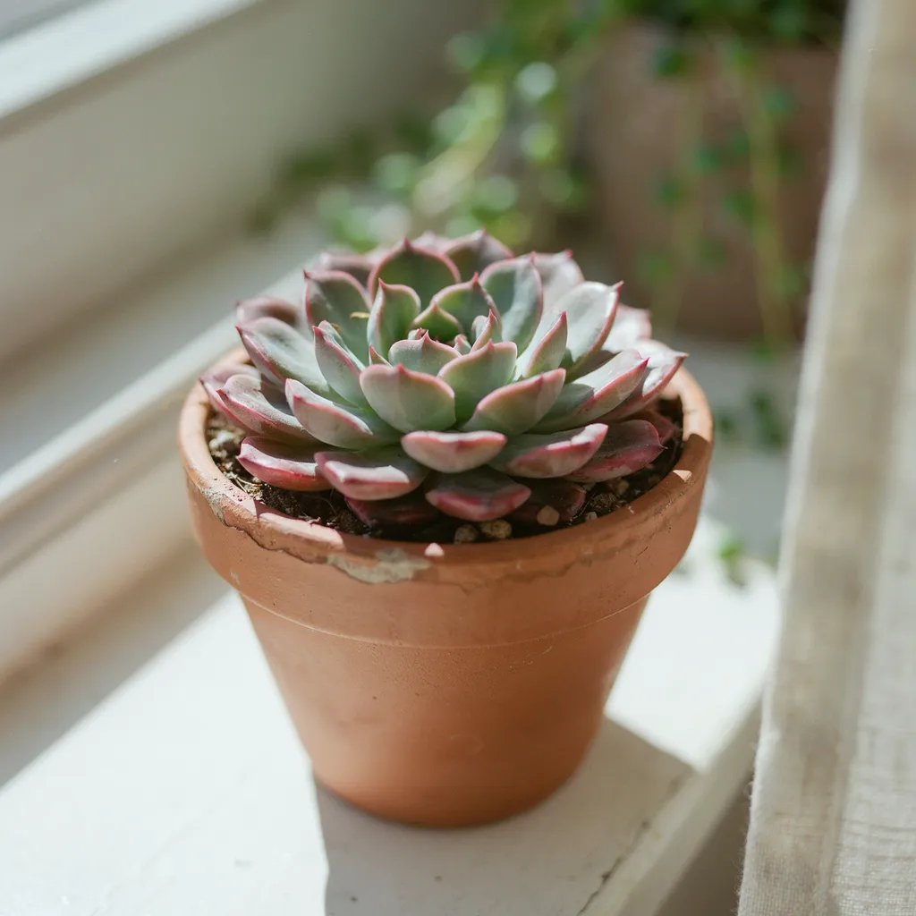 A colorful echeveria rosette succulent in bright light