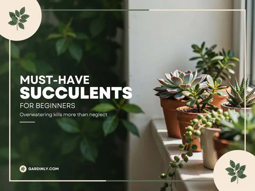 A collection of easy beginner succulents including echeveria and jade plant in small pots