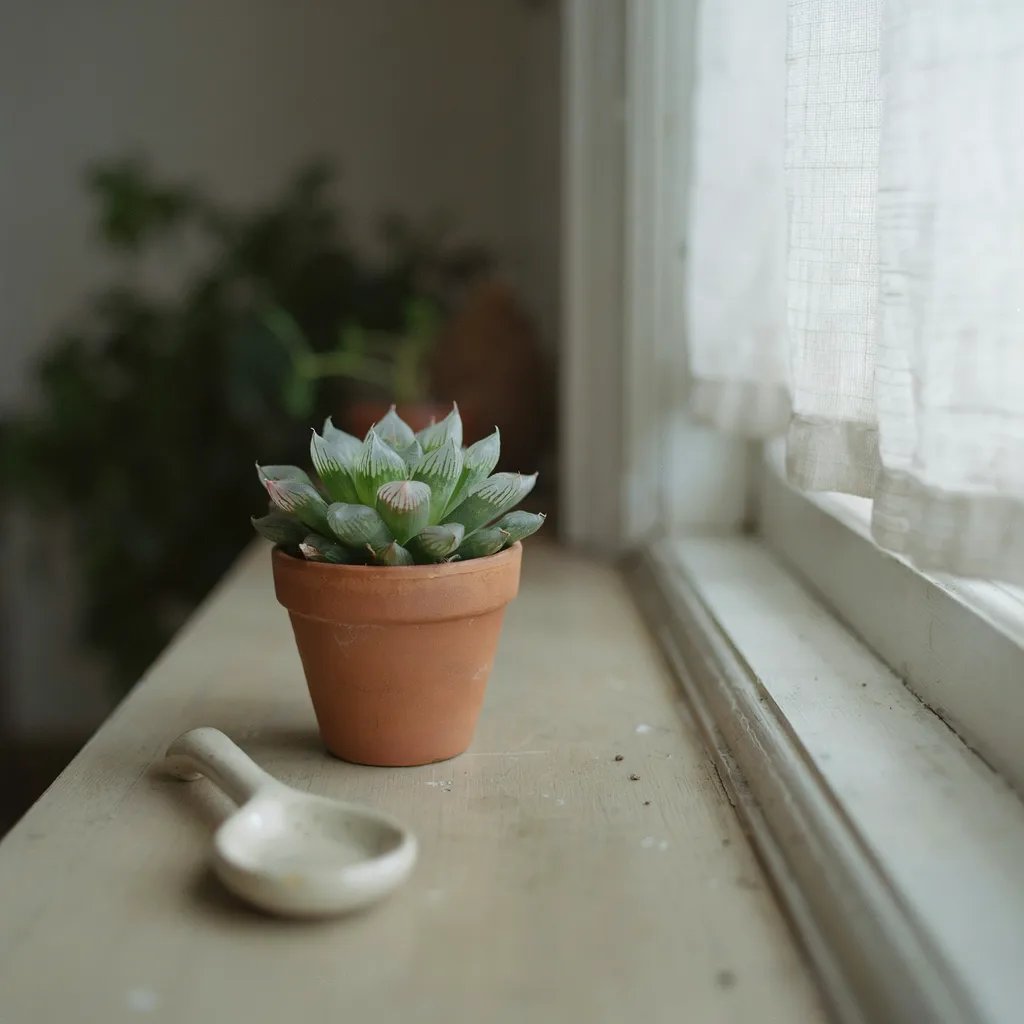A small haworthia succulent on a desk or windowsill