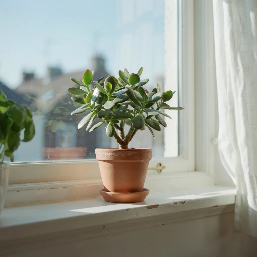 A healthy jade plant in a small pot on a sunny windowsill