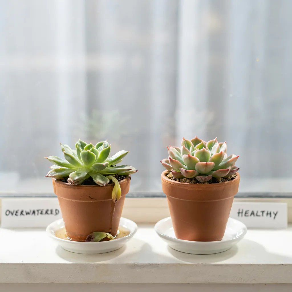 A succulent with mushy, overwatered leaves next to a healthy succulent for comparison