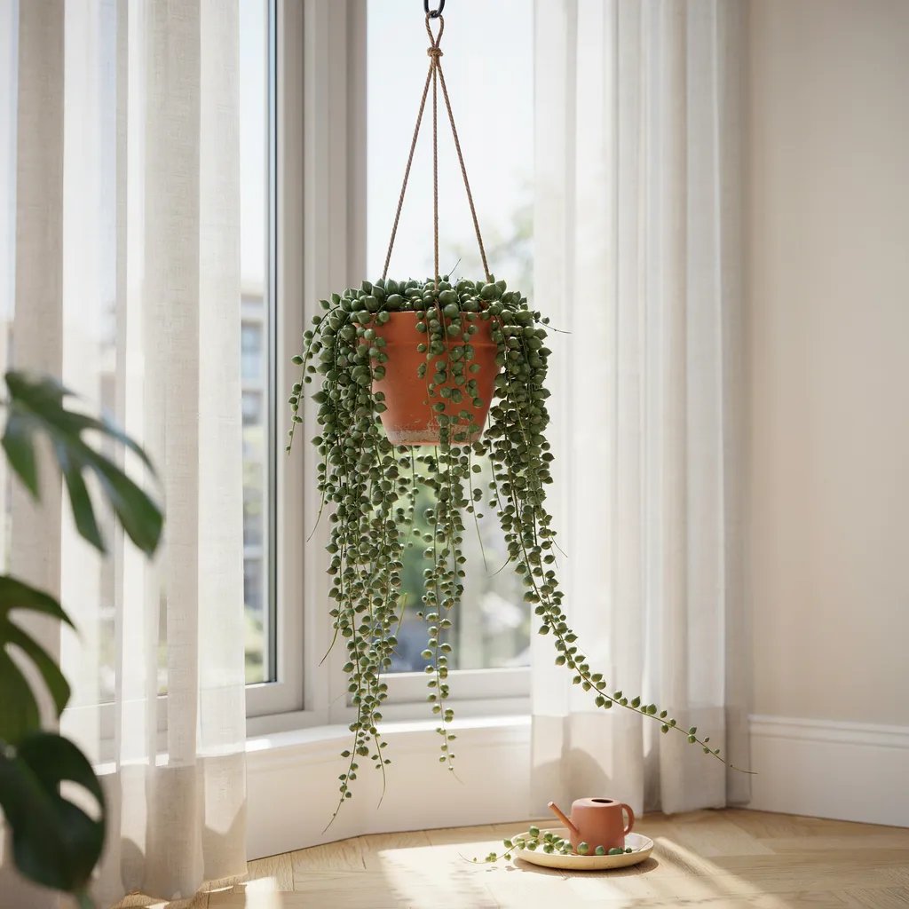 A string of pearls succulent trailing from a hanging planter