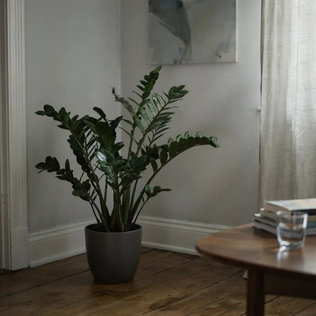 A ZZ plant with glossy dark green leaves in a low-light room