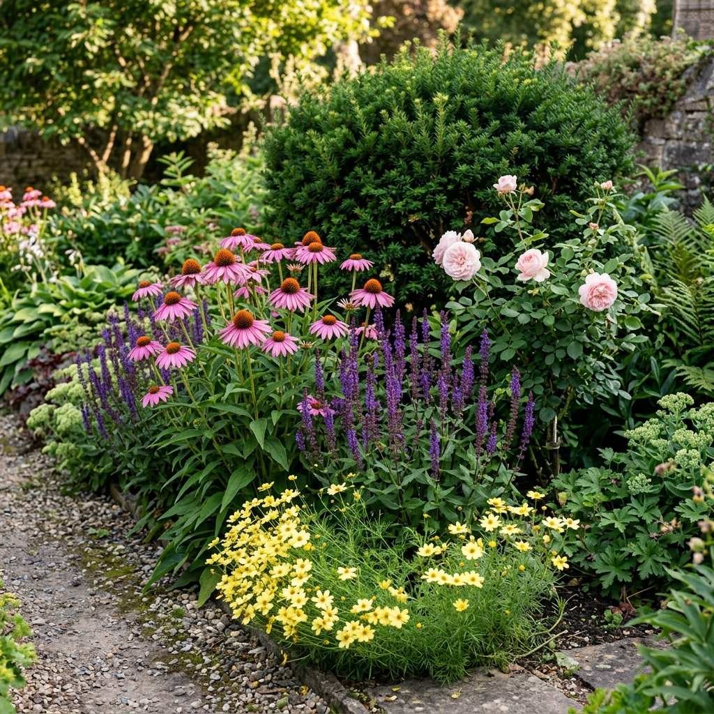 A perennial border at peak summer bloom in a small garden