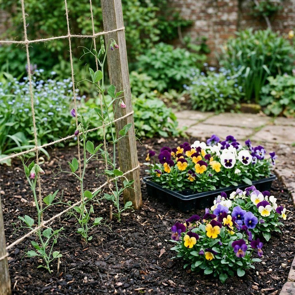 Sweet peas and pansies blooming in cool early-season garden conditions