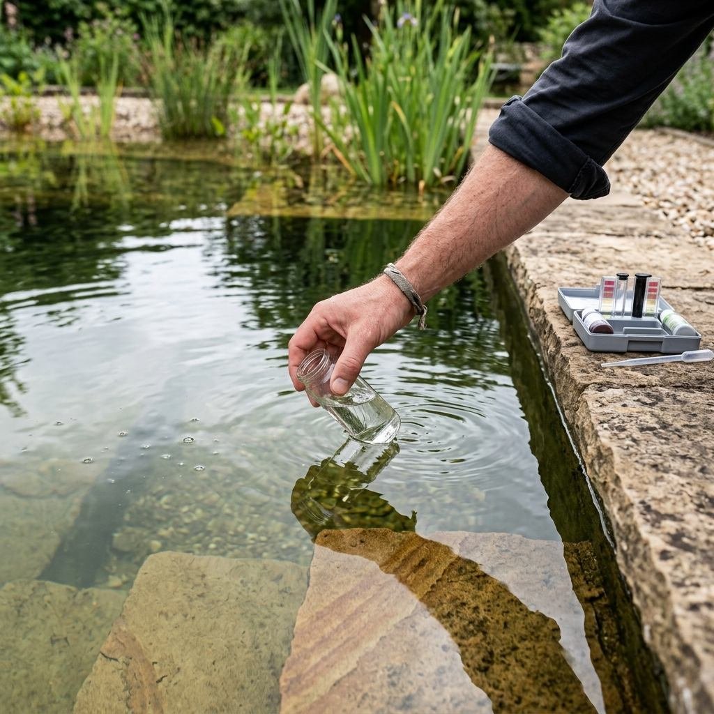 A hand collecting a water sample to check nutrient balance in a natural pool
