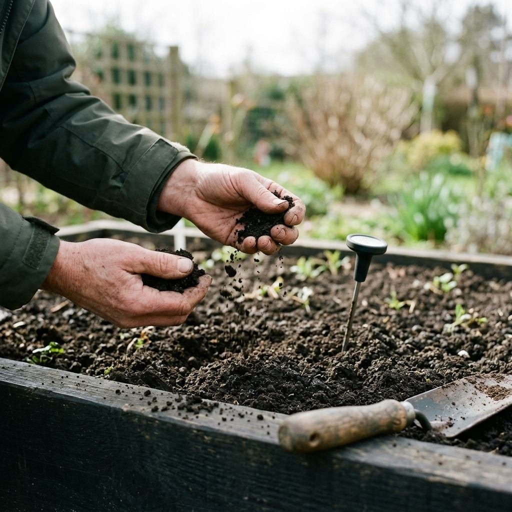 A gardener squeezing a handful of soil to test whether it is workable for sowing