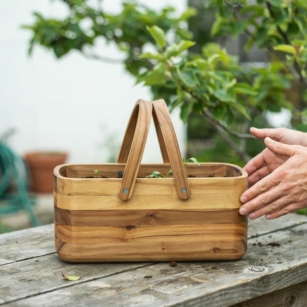 A finished wooden garden tote shown for scale next to a person's hands