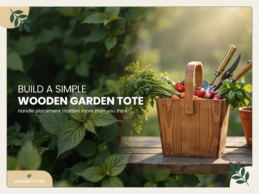 A simple wooden garden tote with a center handle, holding harvested vegetables and tools