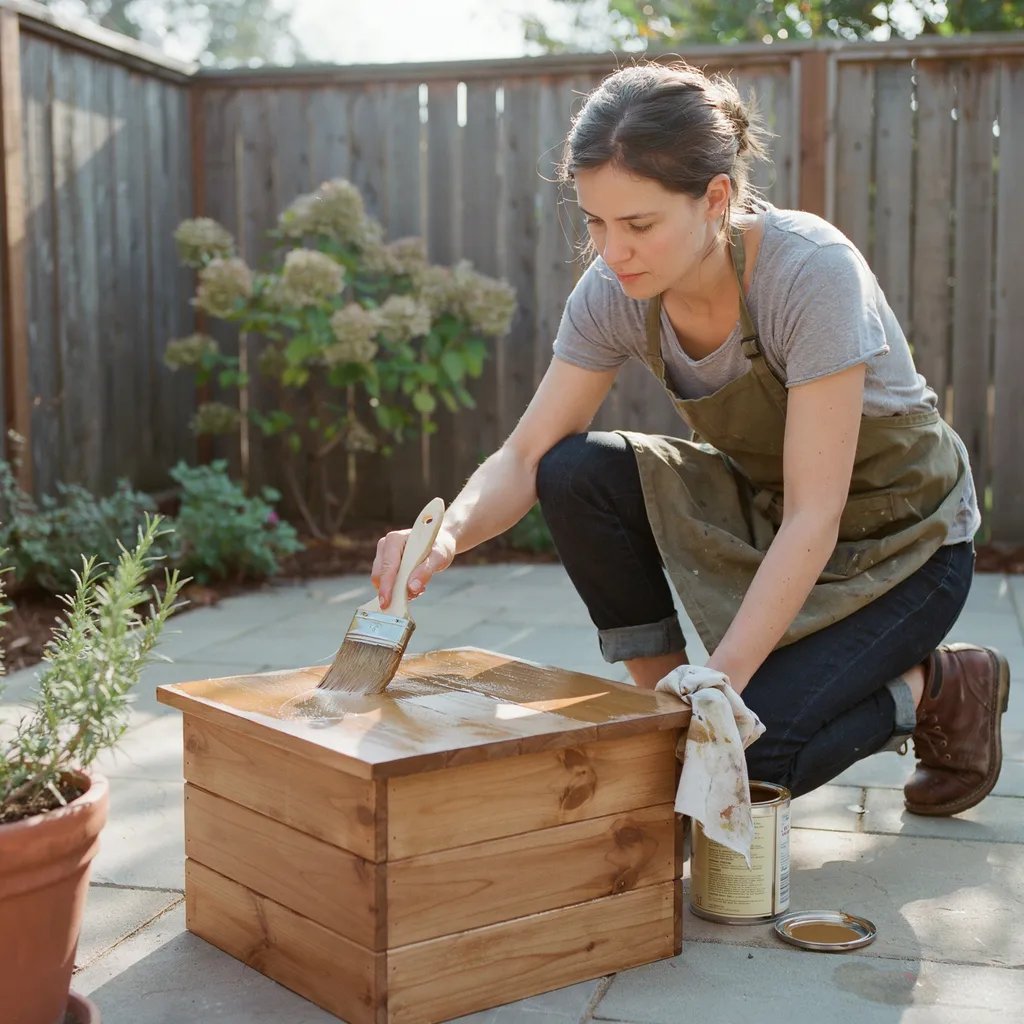 A person applying protective wood sealant finish to a wooden garden tote