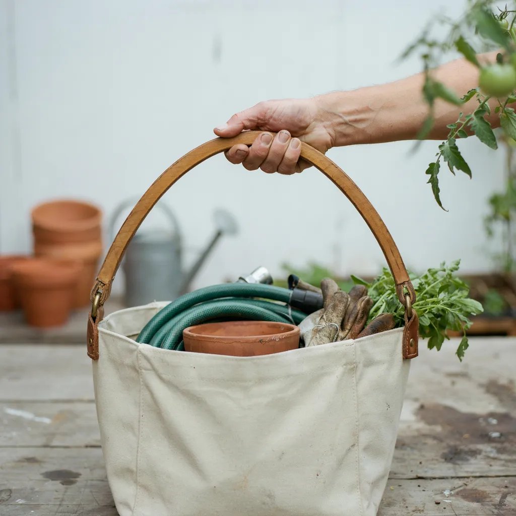 Hands testing and positioning a wooden handle on a loaded garden tote for balance