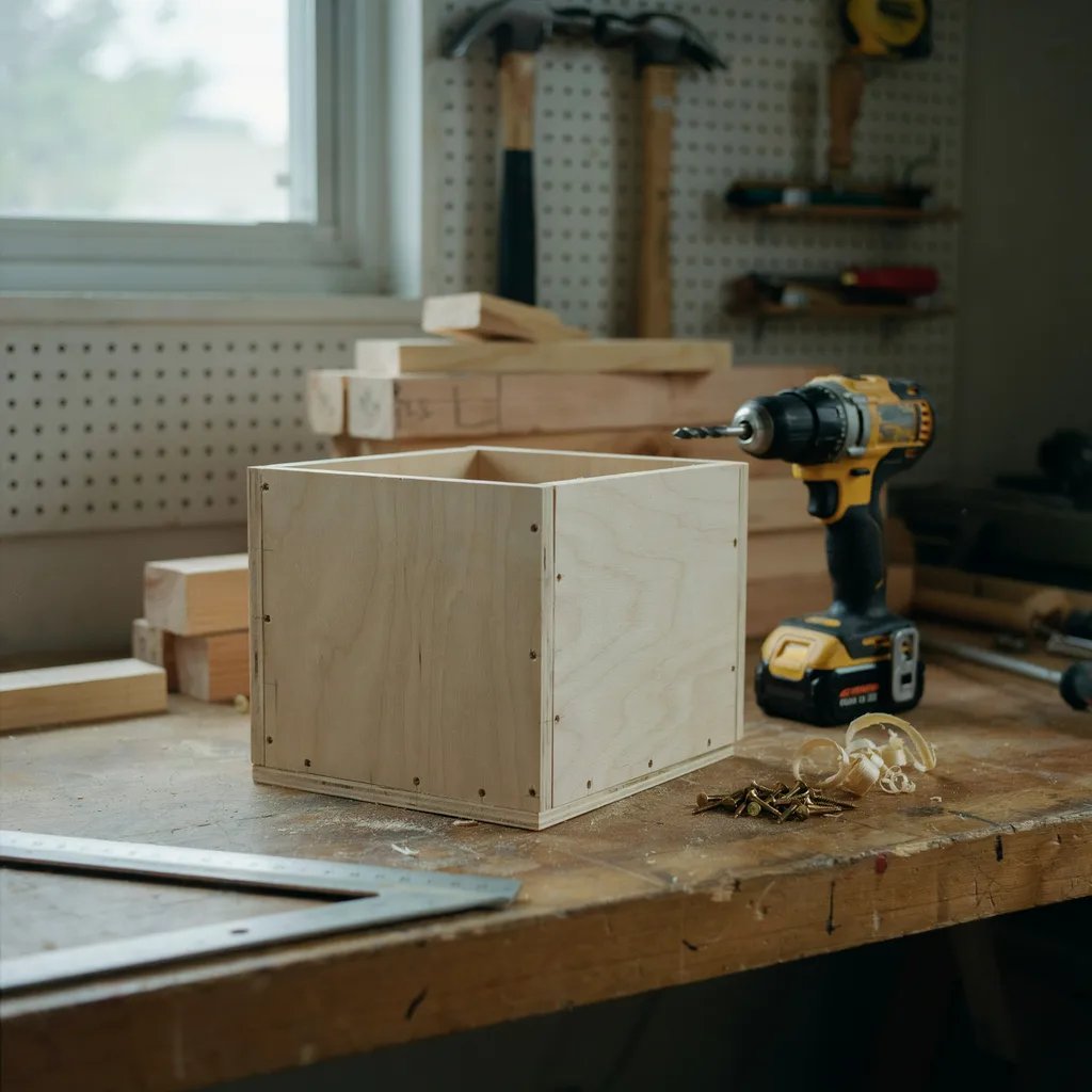 A simple open-top wooden box being assembled with dimensional lumber