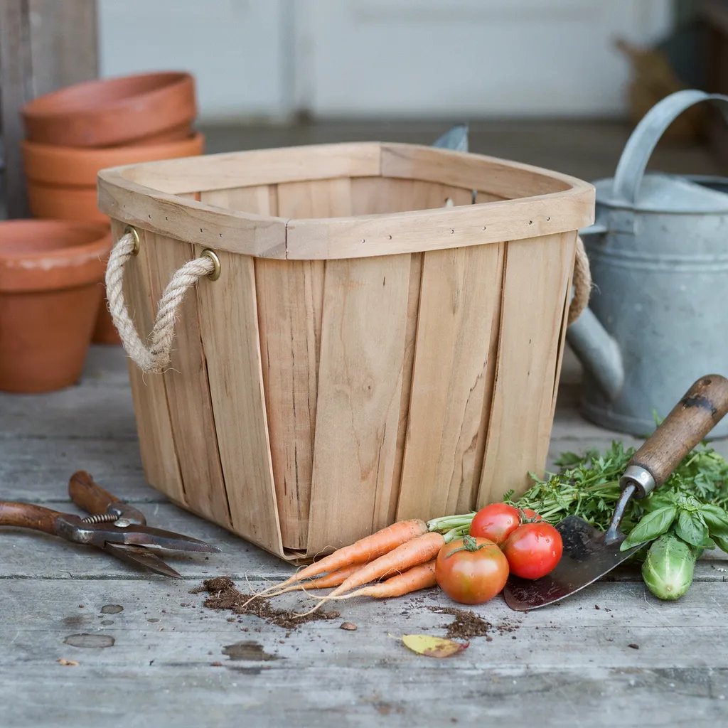 A finished wooden garden tote proportioned for comfortable carrying