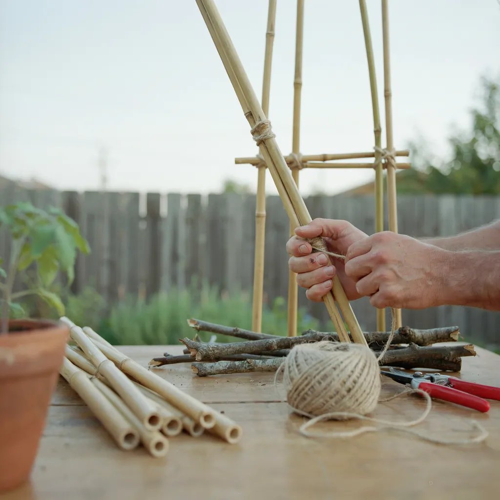 Hands building a DIY garden trellis from bamboo stakes