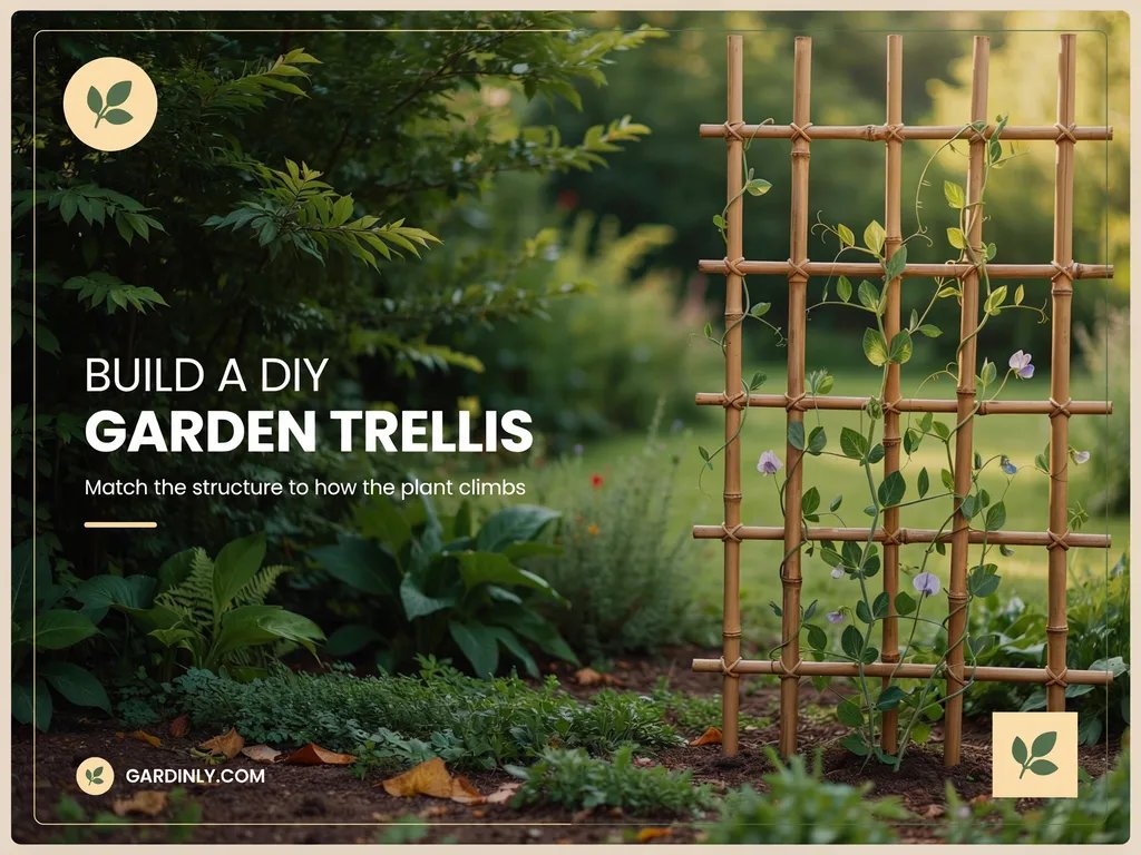 A simple DIY garden trellis supporting climbing plants using natural materials