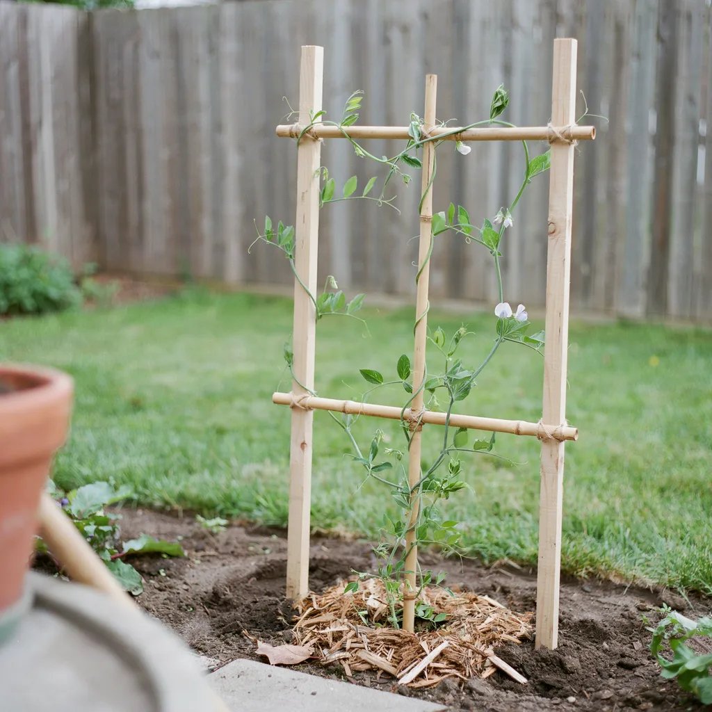 A wood and bamboo garden trellis with climbing pea vines wrapping around it