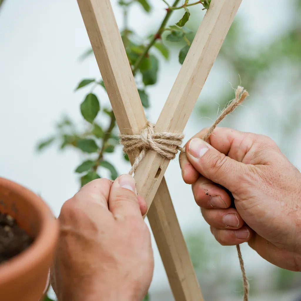 Close-up of a garden trellis joint being securely tied with twine