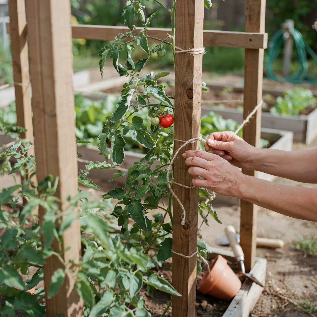 Tomato plants tied to a sturdy wooden trellis frame