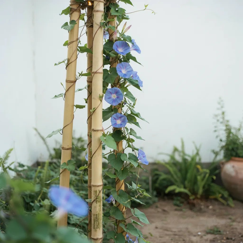 A sturdy vertical bamboo trellis with a twining morning glory vine