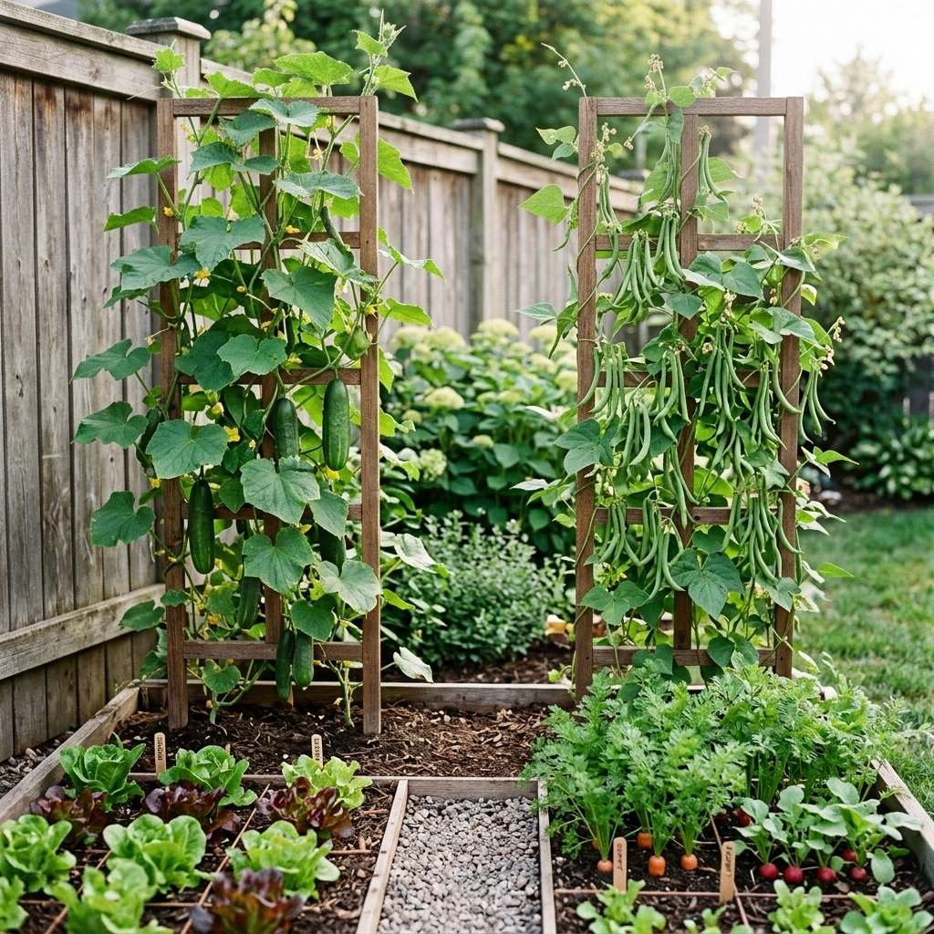 Trellis panels used to grow vining crops upward and multiply the bed's footprint