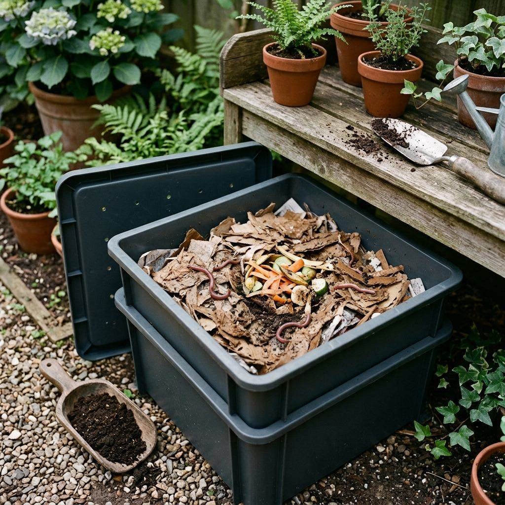 A compact worm bin set up for composting in a small backyard homestead