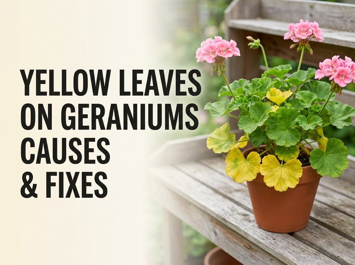 Geranium plant with yellowing lower leaves against healthy green foliage and pink blooms
