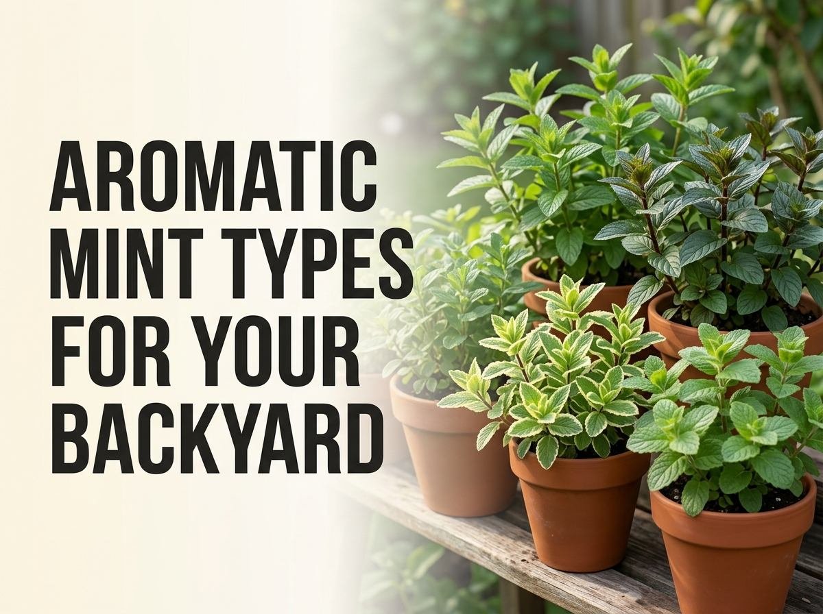 A collection of aromatic mint varieties growing in terracotta pots in a backyard garden