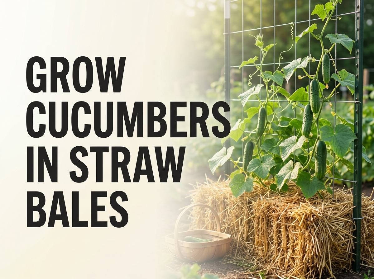 Cucumber plants growing vigorously from conditioned straw bales