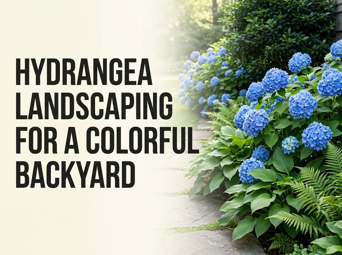 A colourful backyard border anchored by mature hydrangeas in full bloom