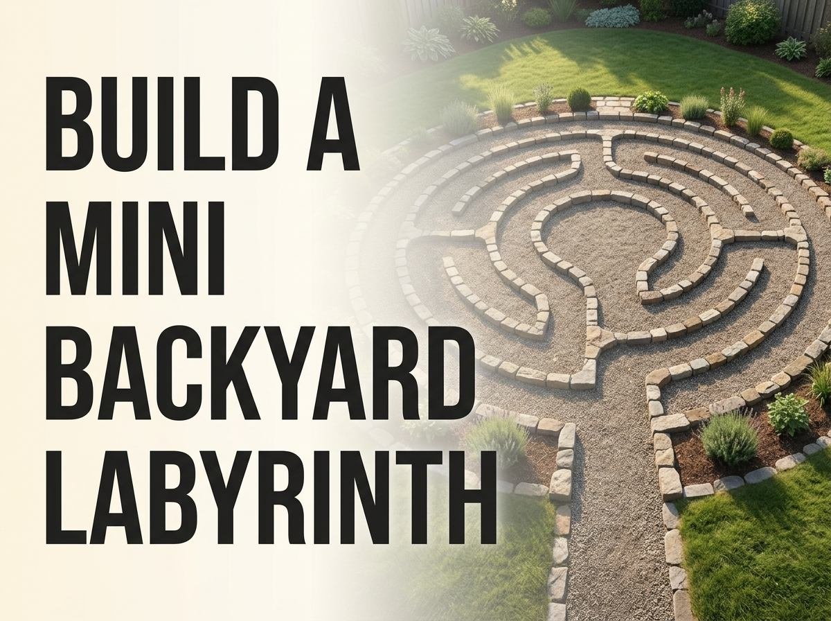 A compact walking labyrinth laid out with stone paths in a small backyard
