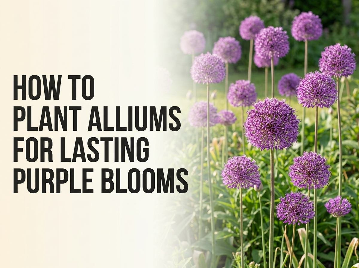 Tall purple allium globes blooming above a spring garden border