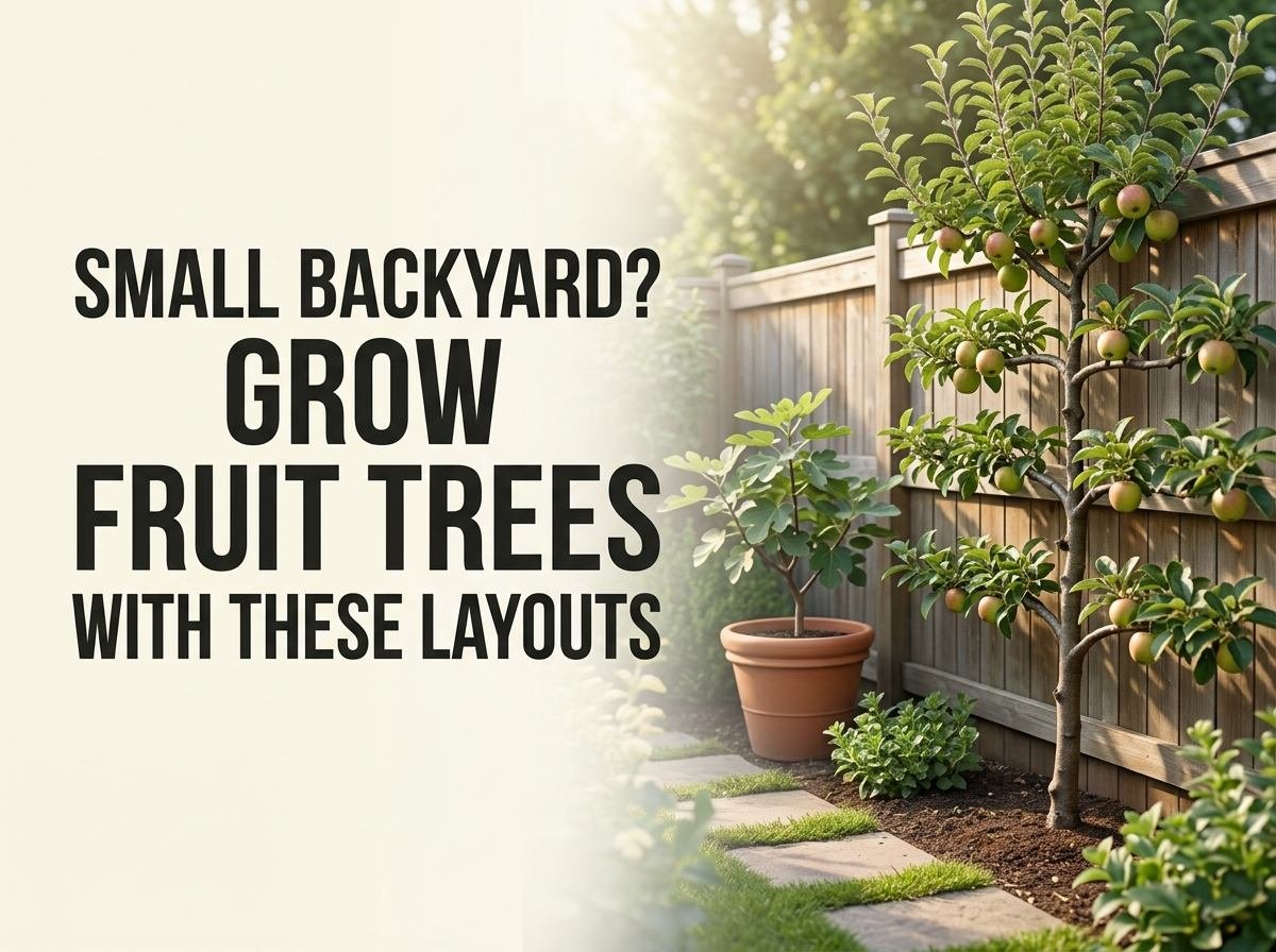 Compact fruit trees trained along a fence in a small backyard orchard layout