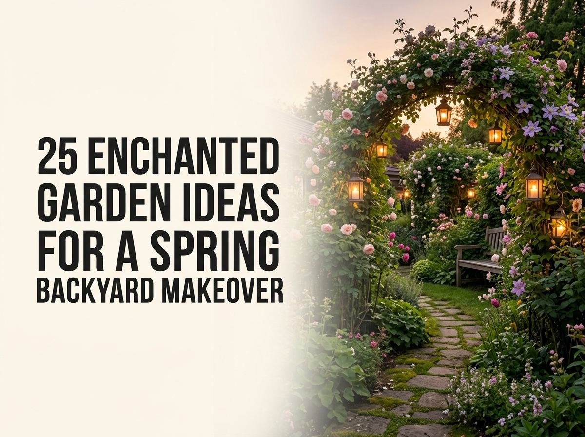 An enchanted spring backyard with a winding path, layered planting and soft lighting
