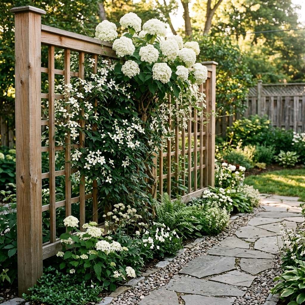 A cedar lattice screen covered in flowering clematis forming a garden backdrop